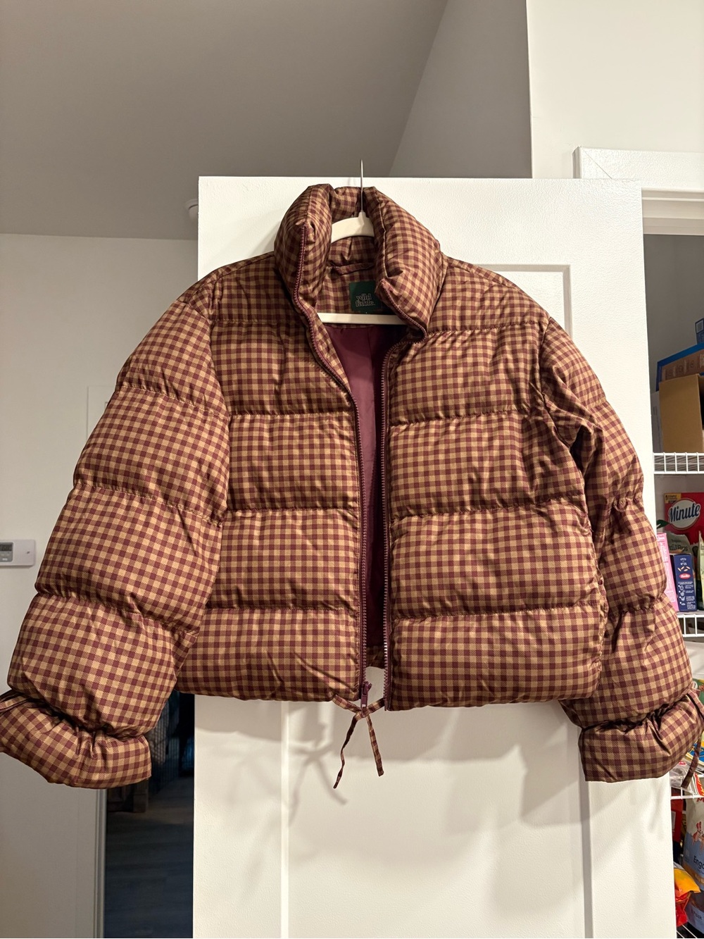Wild Fable Brown Gingham Cropped Puffer Jacket